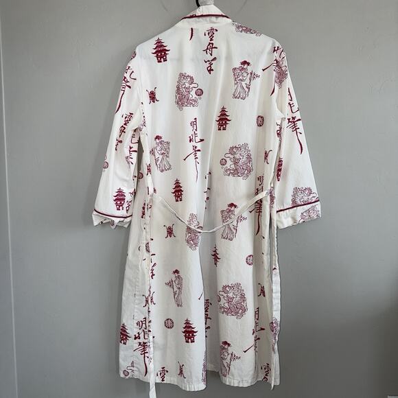 BedHead Egyptian Cotton Kimono Robe S/M White Red Japanese Print Geishas Dragons - Picture 4 of 10